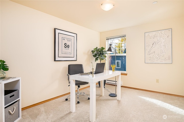 office area with carpet floors and baseboard heating