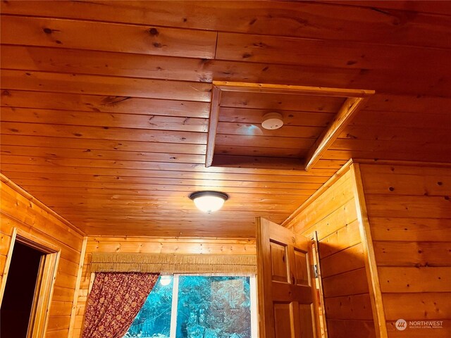 interior details with wood ceiling and wood walls