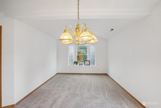 carpeted empty room with vaulted ceiling with beams and an inviting chandelier