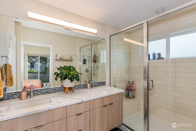 bathroom featuring vanity, decorative backsplash, a shower with door, and a wealth of natural light