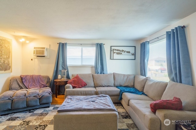 living room featuring a textured ceiling, hardwood / wood-style floors, and a wall mounted AC