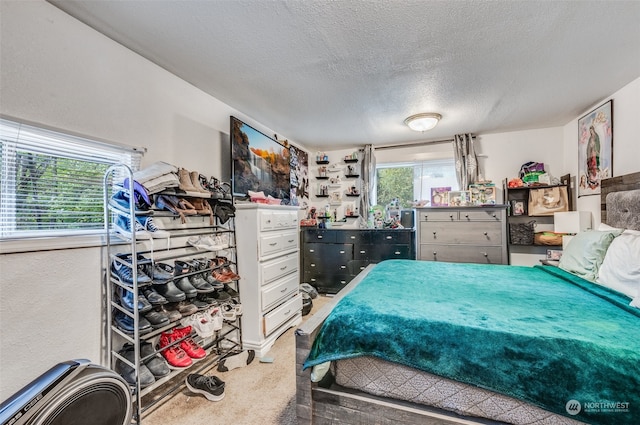 carpeted bedroom with a textured ceiling