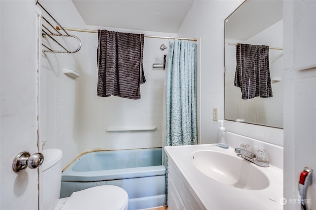 full bathroom with vanity, toilet, and shower / bath combination with curtain