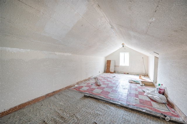 additional living space with a textured ceiling, vaulted ceiling, and carpet floors