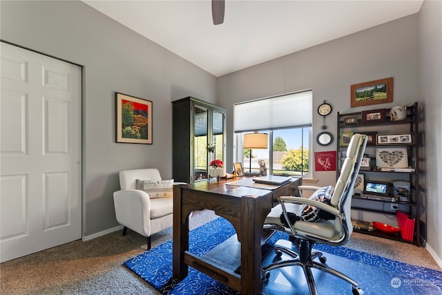 office area with ceiling fan and carpet floors