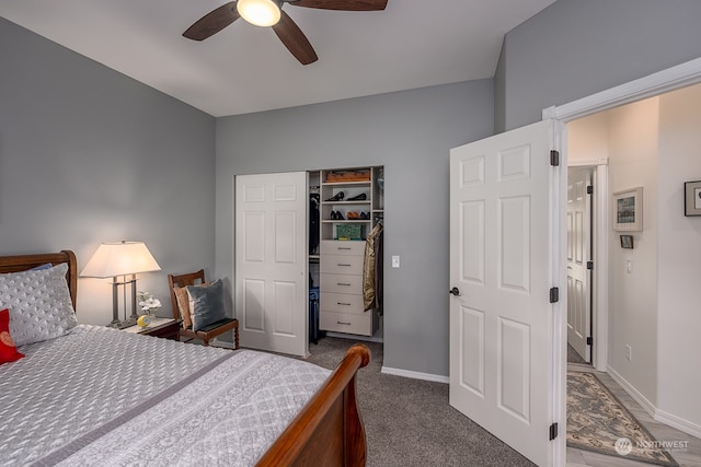 bedroom featuring a closet, carpet, and ceiling fan