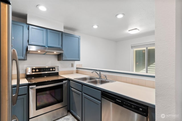 kitchen featuring appliances with stainless steel finishes, sink, and blue cabinetry