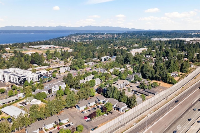 drone / aerial view featuring a water and mountain view