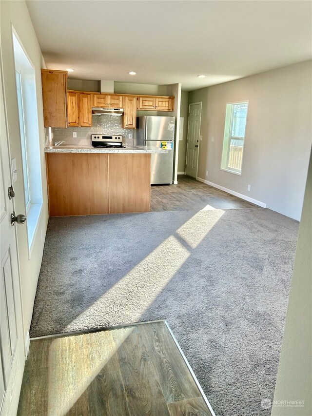 2015 6th Ave Unit 112, Clarkston, WA 99403 - kitchen featuring freestanding refrigerator, range, light carpet, under cabinet range hood, and recessed lighting