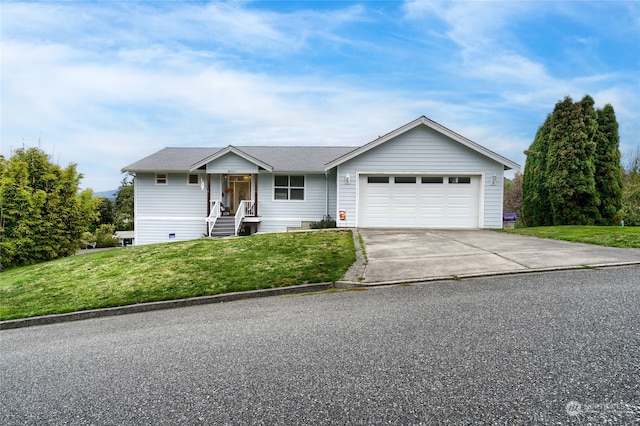 single story home with a front yard and a garage