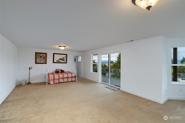 unfurnished bedroom featuring light colored carpet and access to exterior