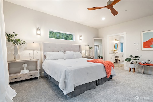 bedroom featuring ceiling fan and carpet floors