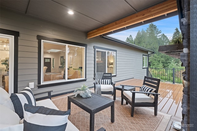 view of patio with an outdoor hangout area and a deck