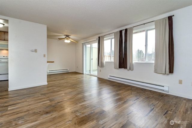 unfurnished living room featuring dark hardwood / wood-style flooring, a baseboard radiator, a textured ceiling, and ceiling fan