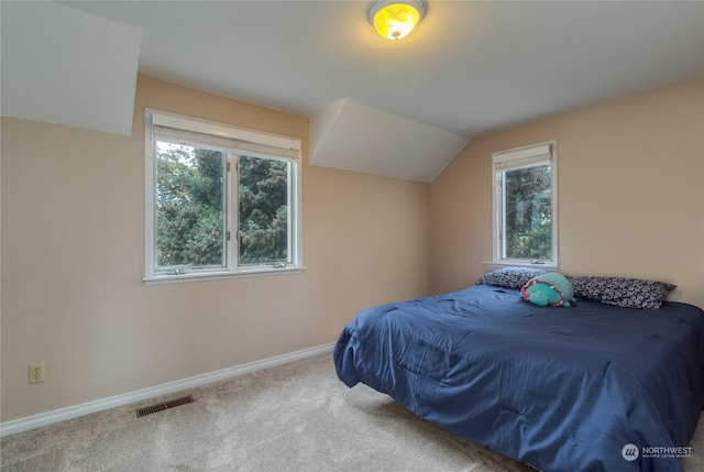 bedroom with carpet floors and lofted ceiling