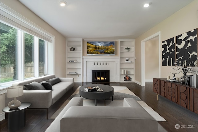 living room with a fireplace and dark hardwood / wood-style flooring