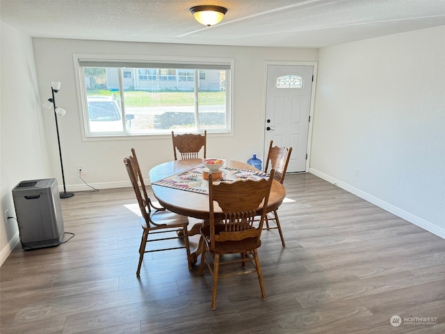 dining room with a textured ceiling and hardwood / wood-style flooring