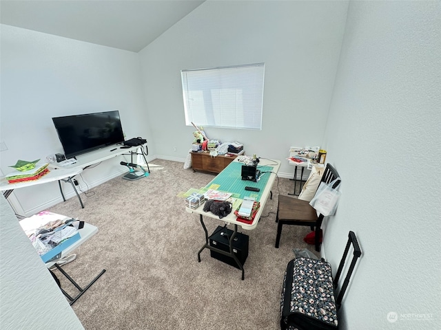 carpeted living room featuring vaulted ceiling