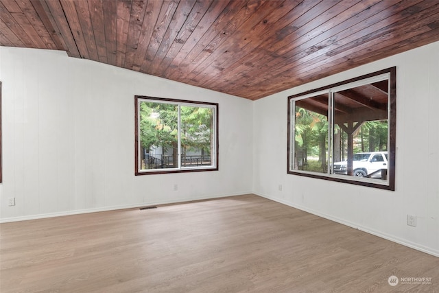 spare room with light hardwood / wood-style flooring, lofted ceiling, and wooden ceiling