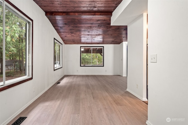 unfurnished room with wood ceiling, lofted ceiling, and a healthy amount of sunlight