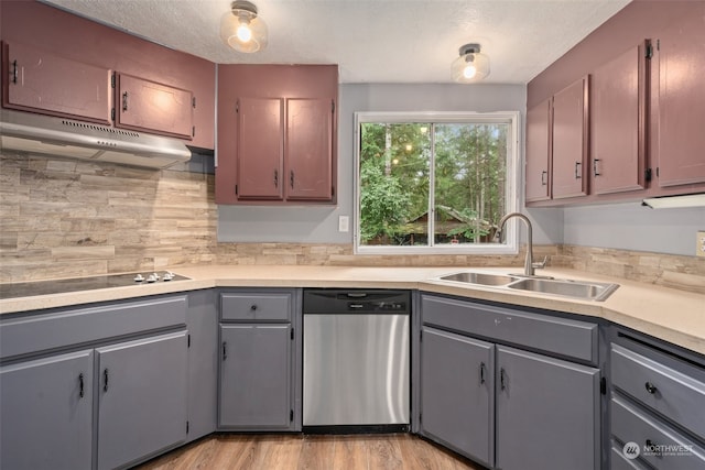 kitchen featuring dishwasher, sink, decorative backsplash, and gray cabinetry