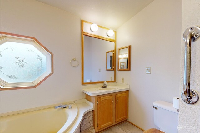 bathroom featuring vanity, a tub, and toilet