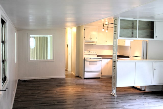 kitchen with dark wood-type flooring, refrigerator, white electric range, and white cabinets