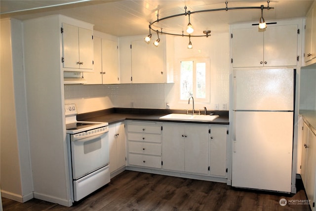 kitchen featuring backsplash, dark hardwood / wood-style floors, sink, white cabinets, and white appliances