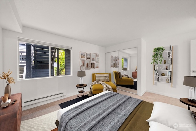 carpeted bedroom featuring a closet and a baseboard radiator