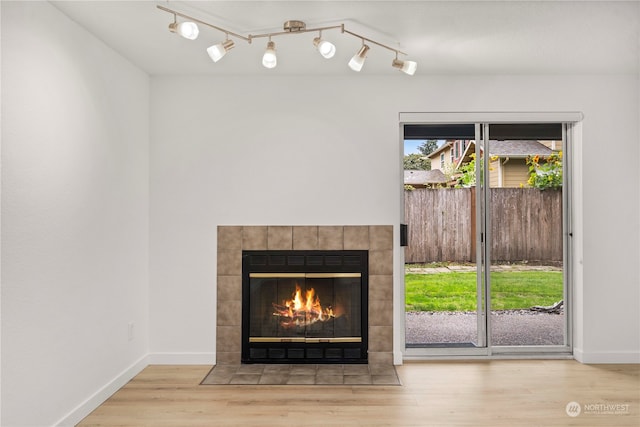 room details with a tile fireplace and wood-type flooring