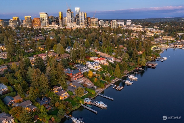 aerial view at dusk with a water view