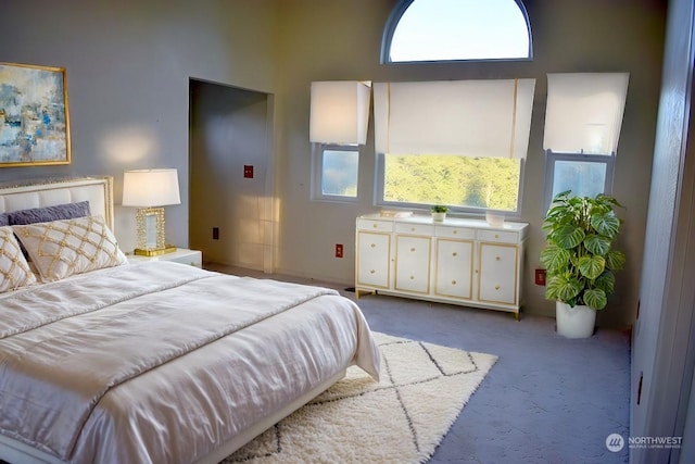 bedroom with light colored carpet