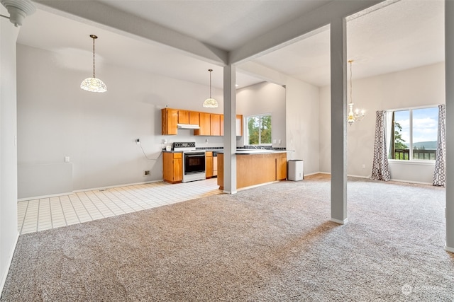 kitchen featuring beamed ceiling, hanging light fixtures, light colored carpet, an inviting chandelier, and white electric stove