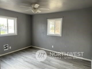 unfurnished room featuring ceiling fan, wood-type flooring, and plenty of natural light