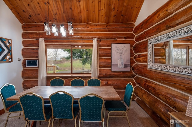 dining area with wood ceiling, vaulted ceiling, and rustic walls