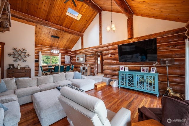 living room featuring wood ceiling, log walls, beamed ceiling, a skylight, and hardwood / wood-style flooring