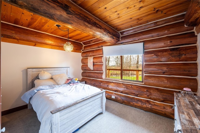 bedroom featuring wood ceiling, beam ceiling, log walls, and carpet