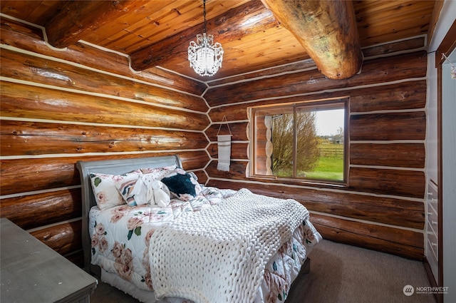 carpeted bedroom featuring wood ceiling, beam ceiling, and log walls