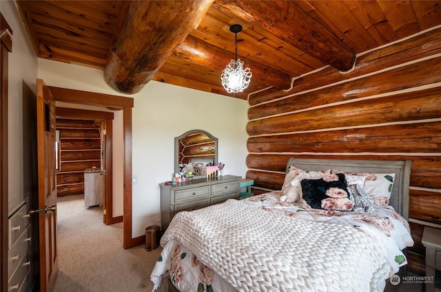 carpeted bedroom with wood ceiling and beamed ceiling