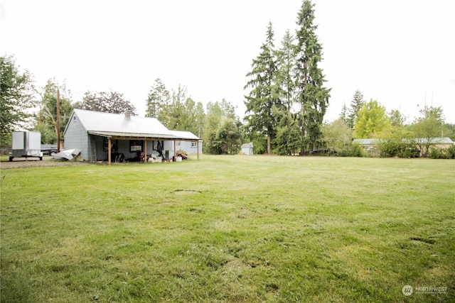 view of yard featuring a storage unit