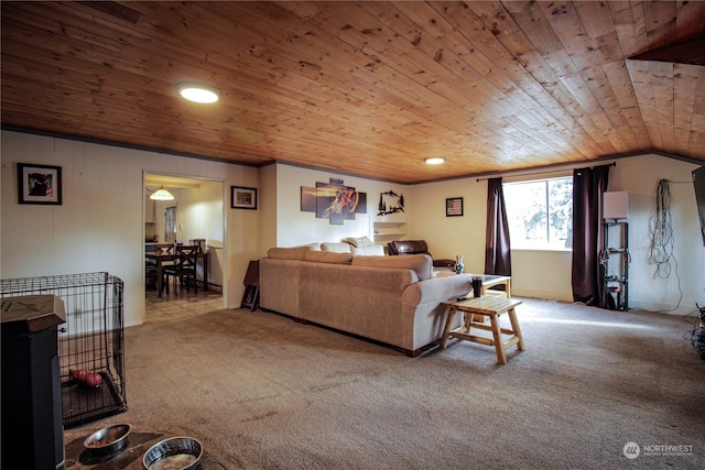 carpeted living room featuring vaulted ceiling and wooden ceiling