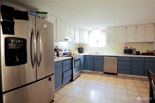 kitchen featuring decorative backsplash, sink, white cabinets, and stainless steel appliances