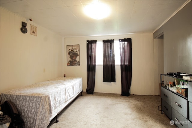 bedroom featuring light colored carpet and ornamental molding