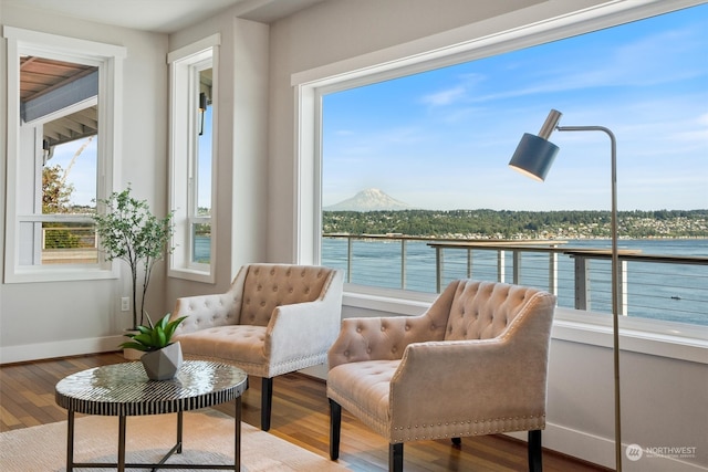 sitting room with hardwood / wood-style flooring, plenty of natural light, and a water and mountain view