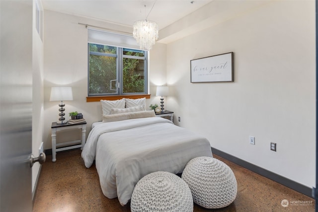 bedroom with a notable chandelier