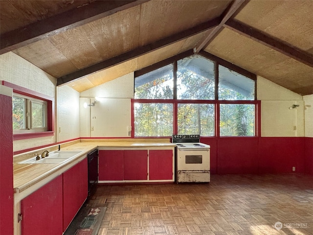 kitchen with sink, parquet floors, white electric range, a healthy amount of sunlight, and vaulted ceiling with beams