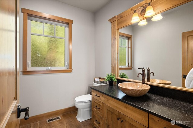 bathroom featuring hardwood / wood-style flooring, vanity, and toilet