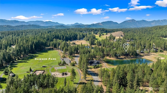 drone / aerial view featuring a water and mountain view