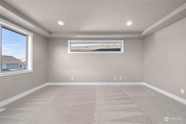 spare room featuring a tray ceiling and carpet