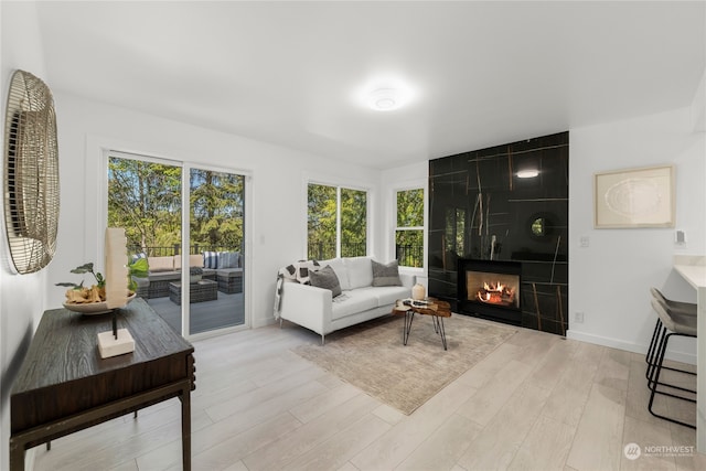 living room featuring light hardwood / wood-style flooring and a tile fireplace